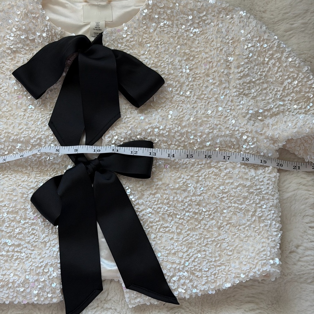 H&M Ivory Sparkling Sequin Tie Front Jacket with Black Bows-S - Picture 14 of 16